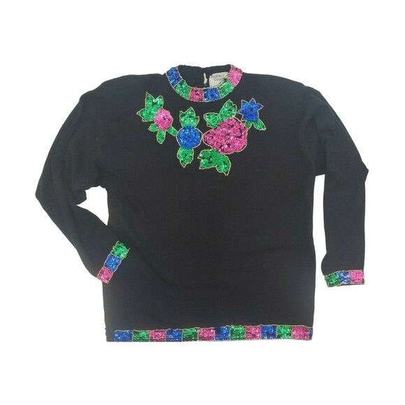 Regency Collection for Joyce Sweaters - Vintage 80s 90s Sweater Black Medium Jewels Colorful Sequins Embellished Bling